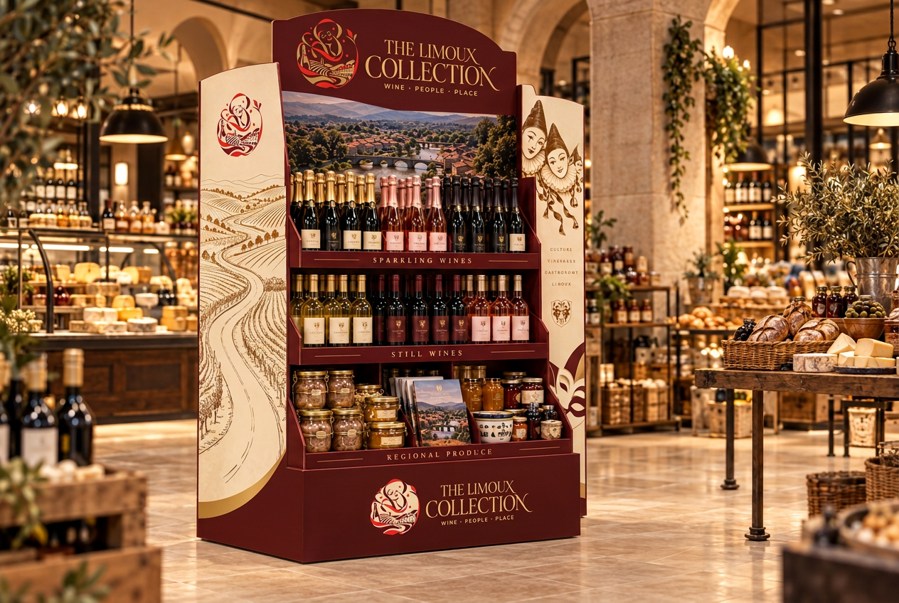 Visuel de concept du présentoir autonome bordeaux de vins et d’épicerie de la Collection, avec une route sinueuse à travers les vignes et des masques du Carnaval modernes sur ses panneaux latéraux, dans une halle gourmande