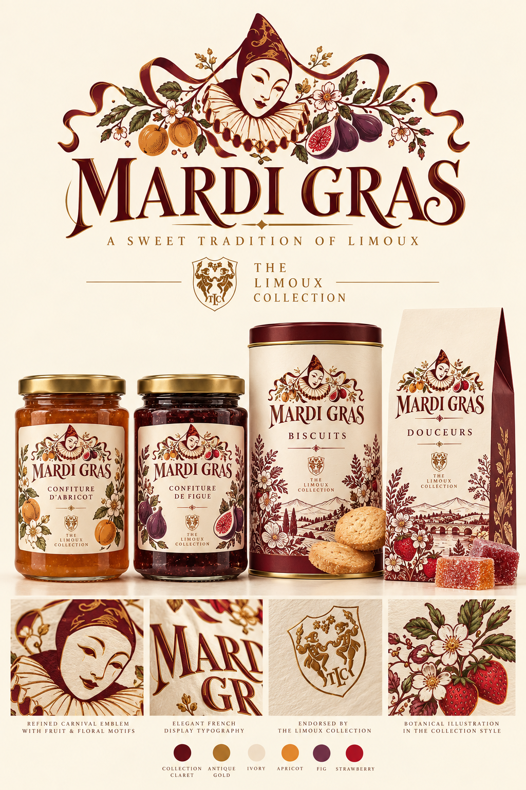 Mardi Gras illustrative brand board with the claret and gold wordmark, Carnival mask, fruit and floral details, two preserve jars, a biscuit tin and sweet packaging