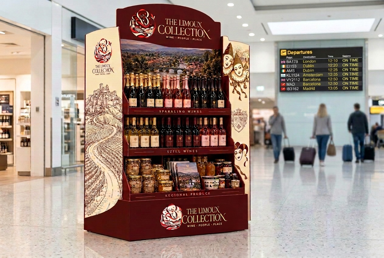 Visuel de concept du même présentoir autonome de vins et d’épicerie de la Collection dans une petite salle de départs d’aéroport