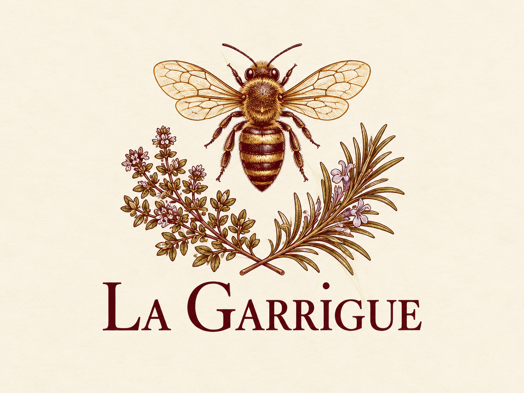 La Garrigue, placeholder branding: bee with wild thyme and rosemary